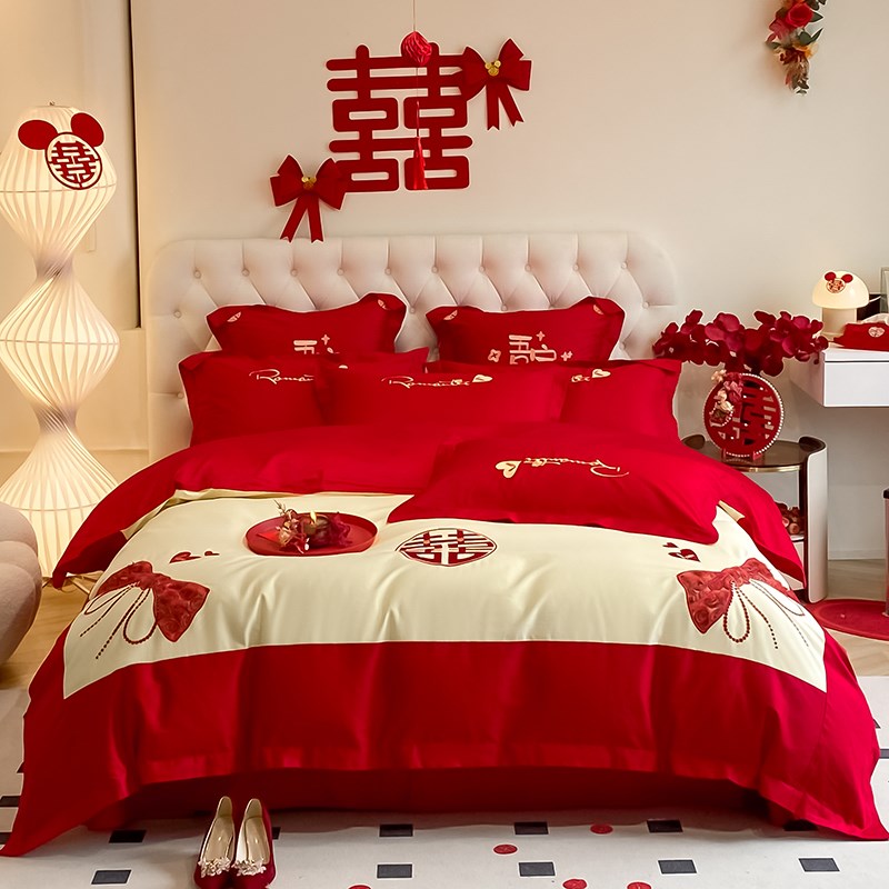 100支长绒棉婚庆四件套全棉纯棉大红色刺绣结新婚房喜庆床上用品4