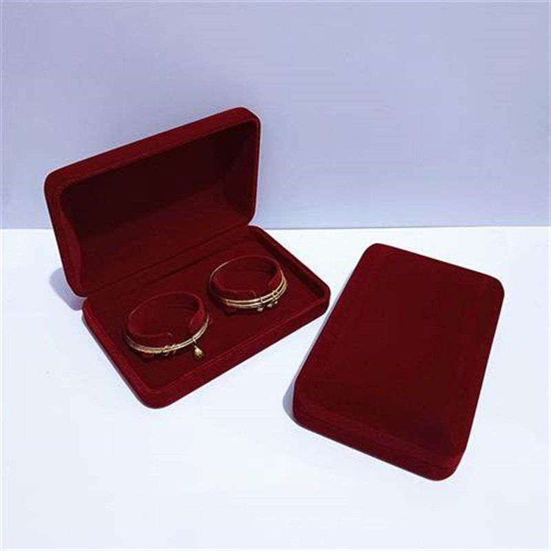 酒红色丝绒龙凤手镯盒子高档金银双手镯盒婴儿宝宝V锁结婚定亲包