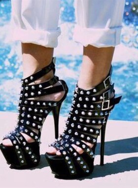 新款16cm钢管舞高跟鞋女模z特走秀恨天高铆钉细跟夜场女凉鞋