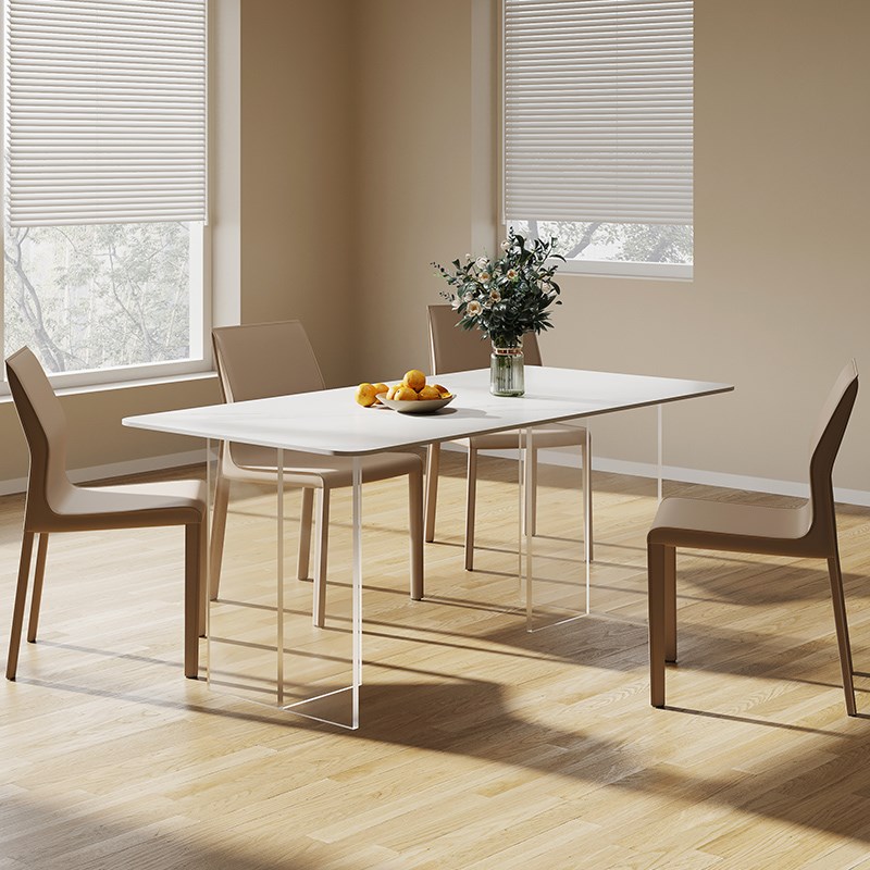 奶油风岩板悬浮餐桌椅亚克力腿极简网红家用餐厅长方形小户型饭桌