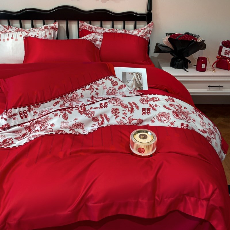 中式喜字结婚四件套大红色新婚床单被套纯棉婚庆床上用品婚房陪嫁