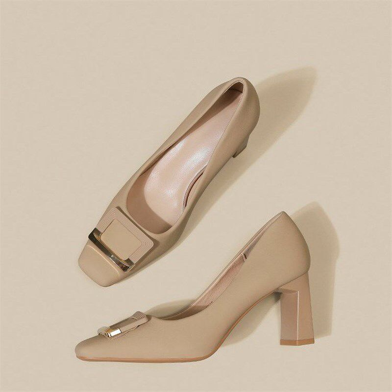 粗跟方头高跟鞋女中跟浅口单鞋气质法式名媛温柔S方扣简约裸色晚