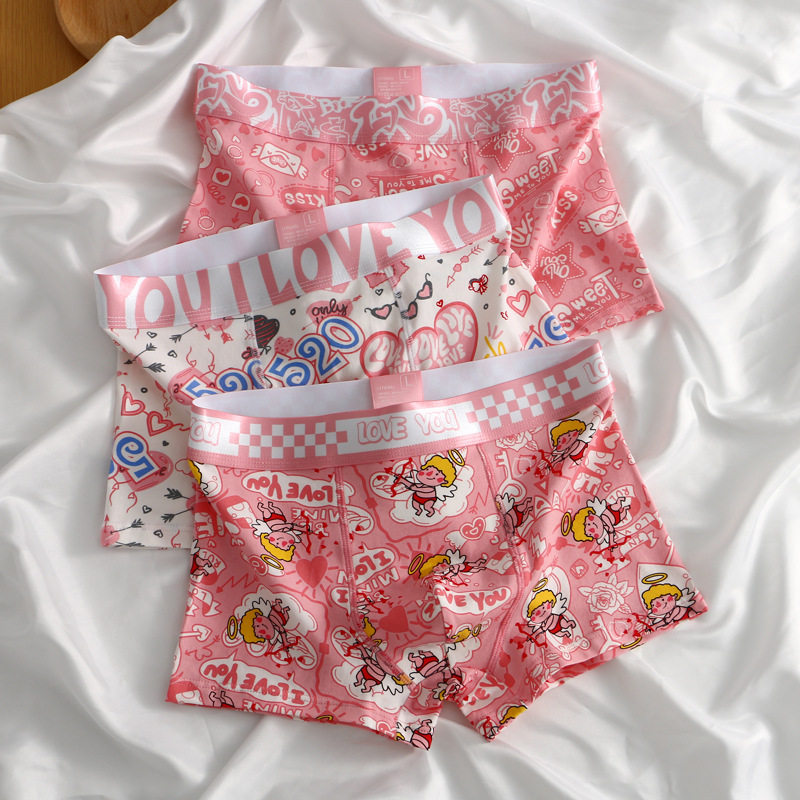 粉色内裤男款纯棉印花潮流透气送C男友四角裤青少年可爱卡通平角