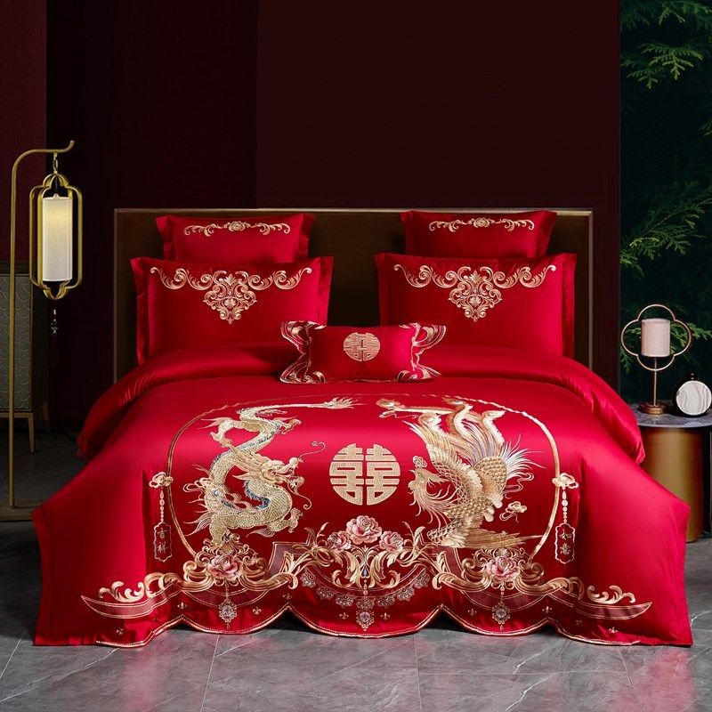 高端中式200支长绒棉结婚四件套纯棉刺绣被套婚庆床裙款床上用品