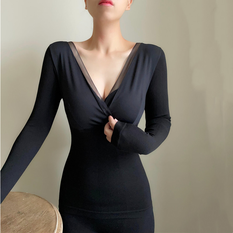 发热衣女秋衣卫生裤套装薄紧身美体蕾丝低胸带胸垫内搭打底棉毛衫