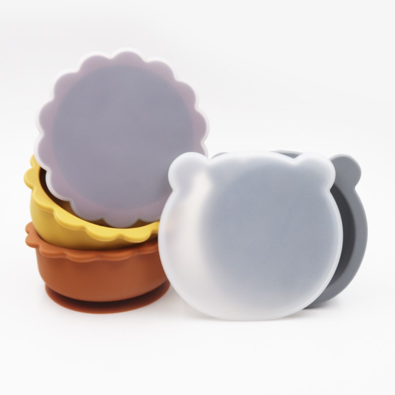 宝宝一体式吸盘碗带硅胶透明盖儿童硅胶卡通熊餐具婴儿学吃饭餐碗