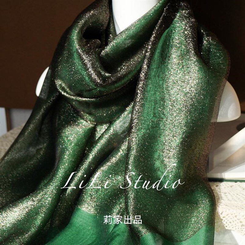 软纱版!气质深绿双层金丝围巾2024年秋冬保暖丝巾韩女高级感披肩