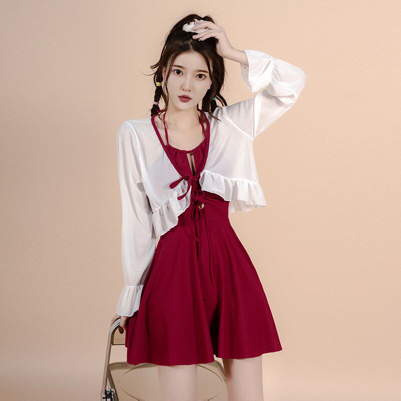 泳衣女款遮肚子高级感纯欲风2024新款连体小个子红色泳衣仙游泳装