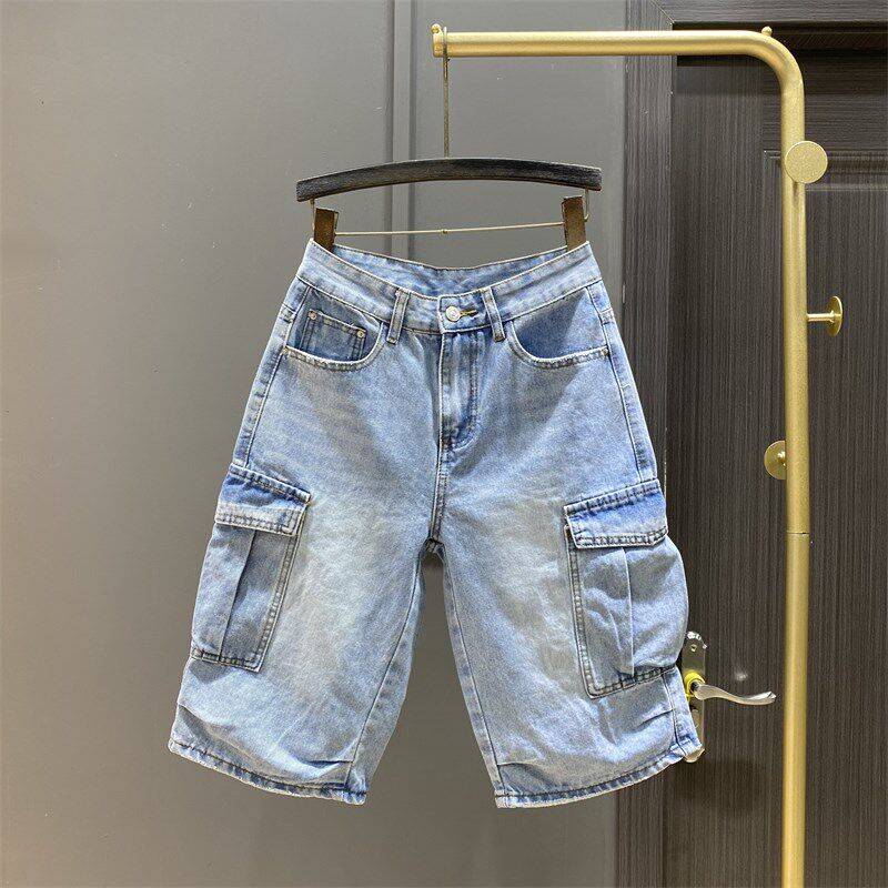 2024夏季新款设计感宽r松直筒水洗浅蓝色工装大口袋牛仔中裤五分
