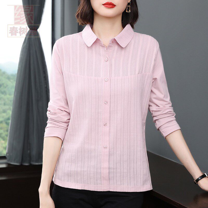 粉色长袖纯色套头t恤女春夏薄款2025夏季新款气质polo领纯棉衬衫