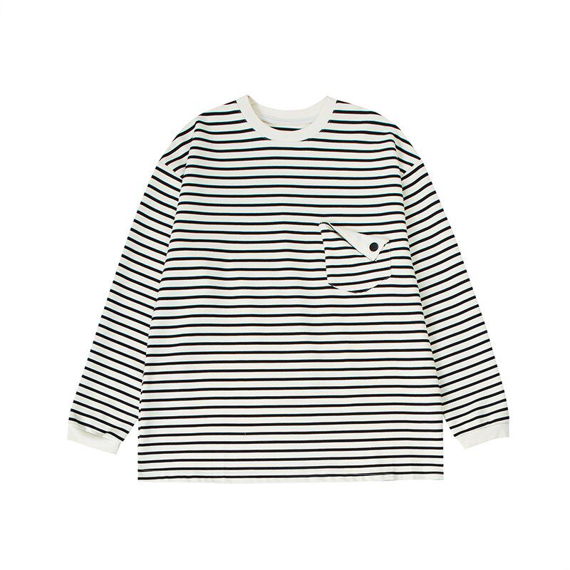 条纹口袋圆领套头长袖T恤男生2025新款春秋季简约基础打底衫浅色