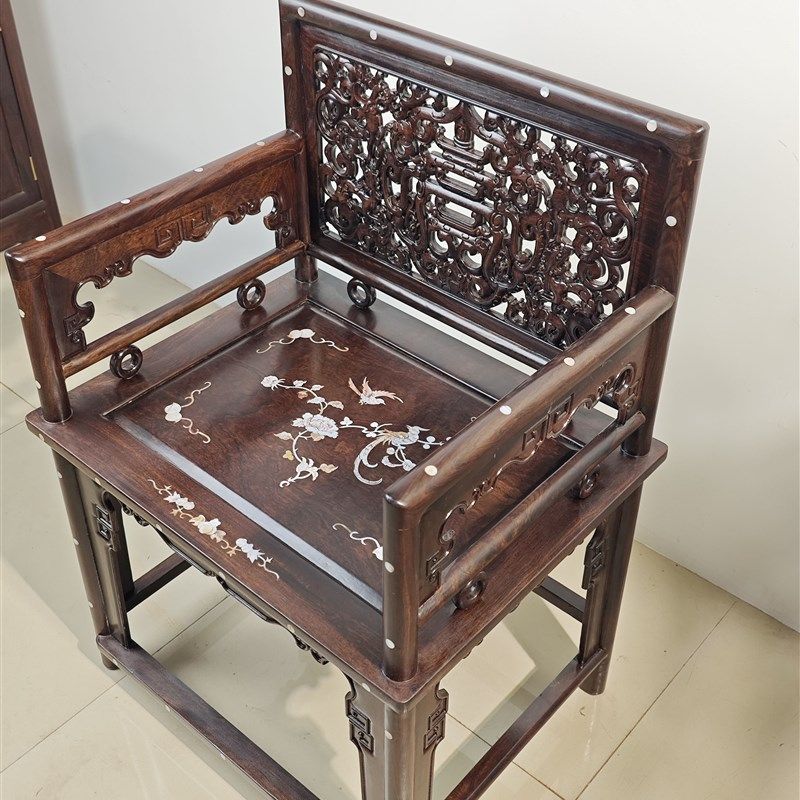 三件套仿古圈椅红木家具非洲黑檀客厅皇宫椅玫瑰椅镶贝中式太师椅,住宅家具,红木椅凳,淘宝优惠券,粉丝福利购,淘宝优惠卷