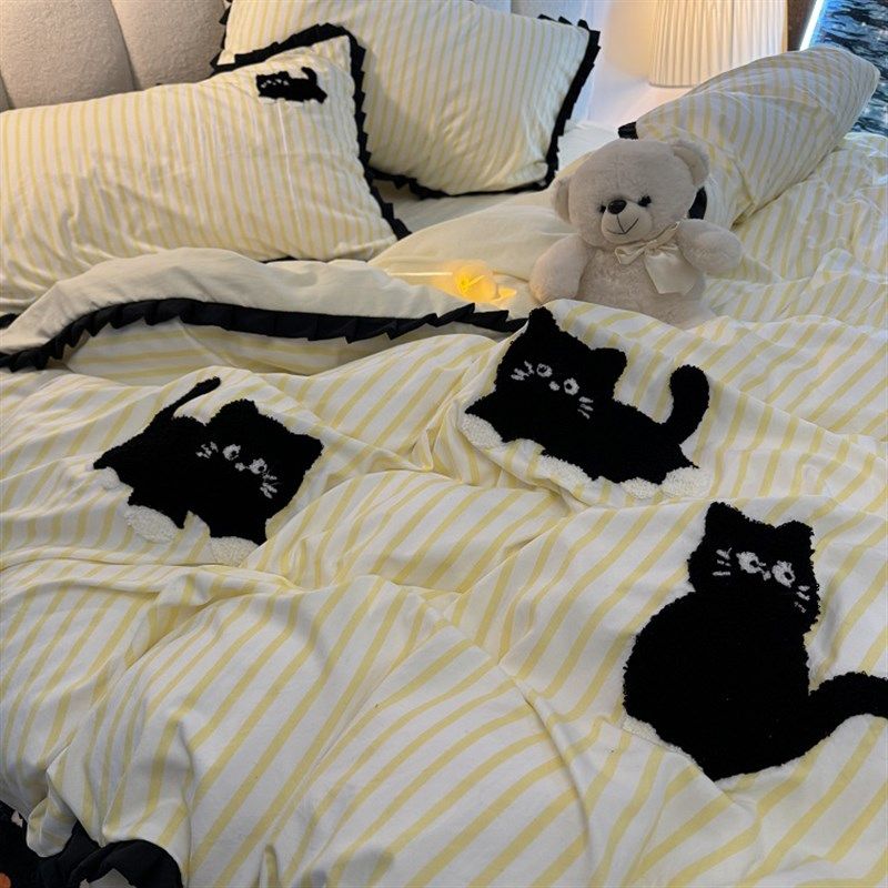 可爱甜酷刺绣猫咪床上用品四件套被套床单条纹黄毛巾绣宿舍三件套,床上用品,床品套件/四件套/多件套,淘宝优惠券,粉丝福利购,淘宝优惠卷