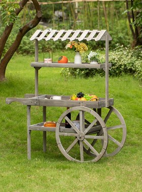 大型实木花车花架置物架花店装饰别D墅陈列展示室内外移动推车田