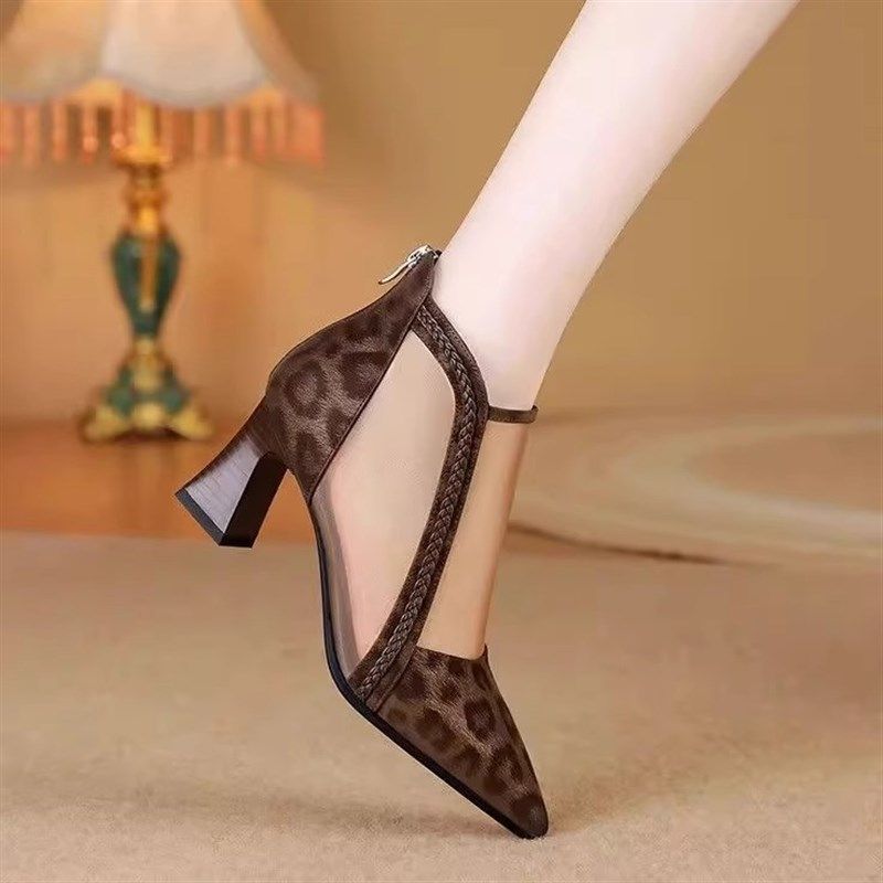 2025年新款高跟单鞋女士气质尖头粗跟凉鞋网纱透气春夏季网靴气质,女鞋,深口单鞋,淘宝优惠券,粉丝福利购,淘宝优惠卷