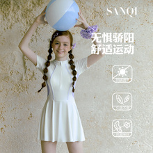 女童泳衣夏季短袖女款儿童连体裙式少女大童初中生保守防晒游泳衣