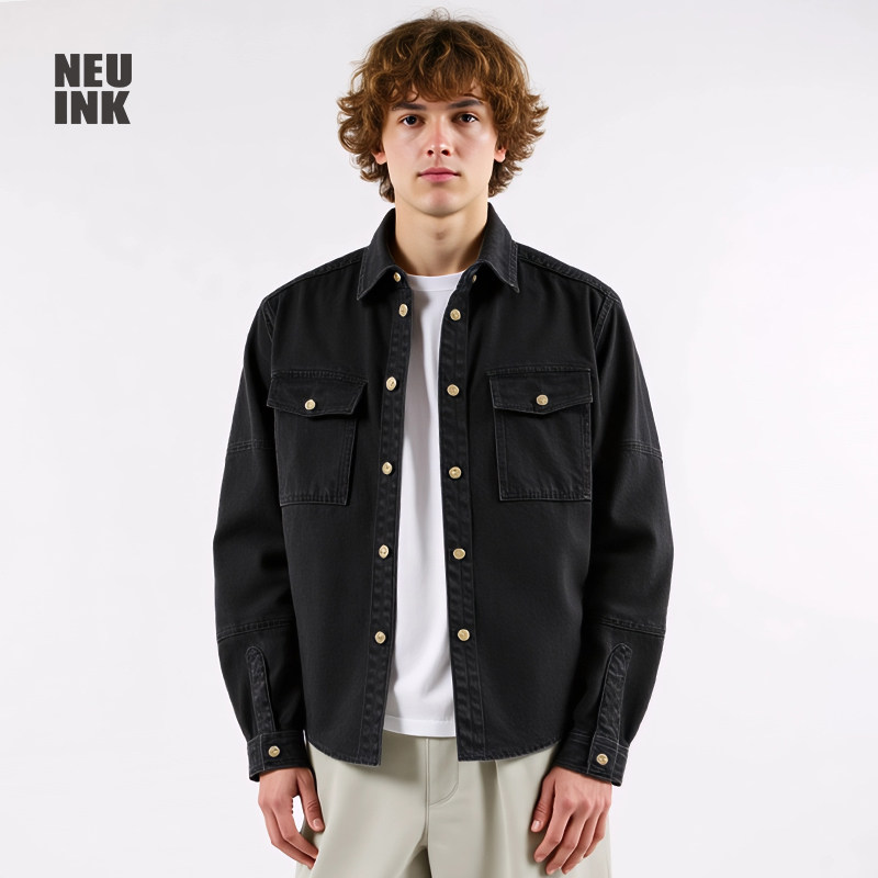 Neuink jeff hamilton橄榄球系列衬衫男黑刺绣外套女秋冬牛仔美式