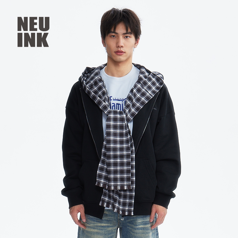 【明星同款】Neuink美式高街围巾外套韩系格子bf风连帽卫衣男女
