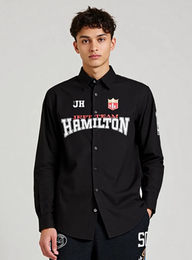 jeff hamilton美式学院字母赛车宽松印花长袖衬衫英伦风黑色男女
