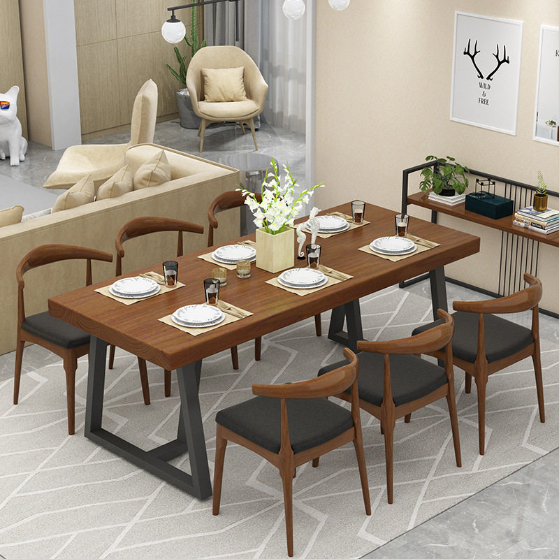 美式复古实木餐桌椅组合 小户型餐厅铁艺桌 工业风火锅店长条餐桌