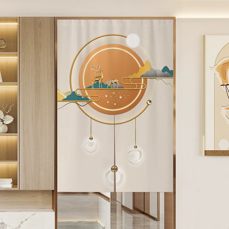 热销中式麋鹿布艺门帘厨房厕所布挂帘卧室隔断帘遮挡免打孔家用半