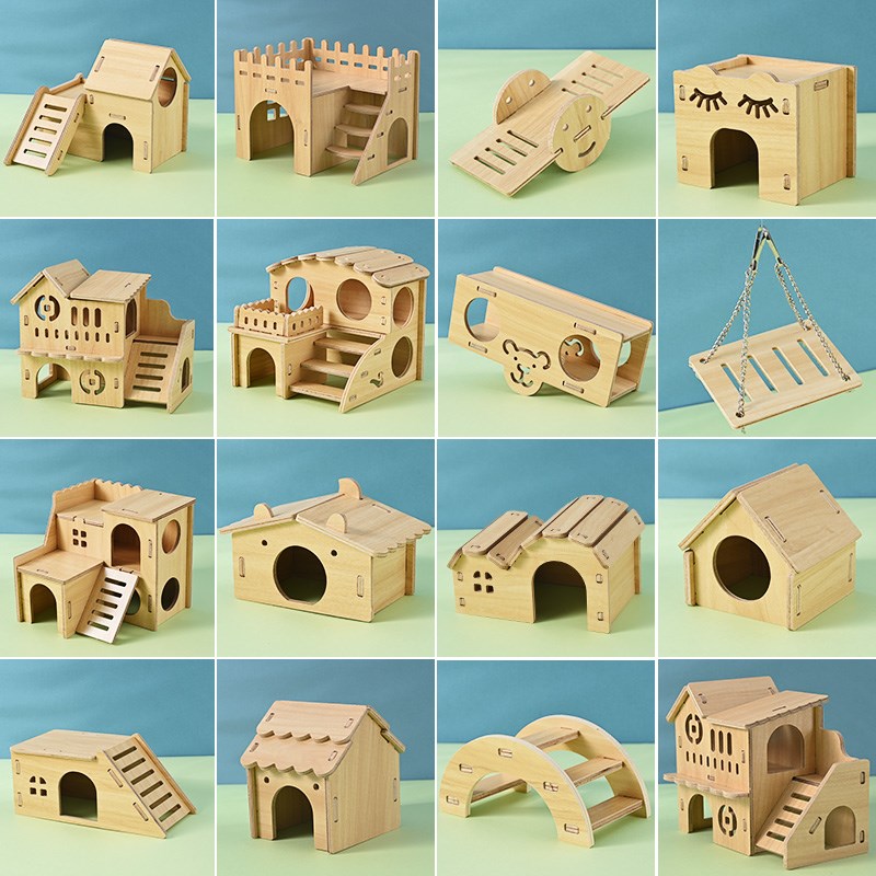 热销仓鼠窝实木玩具小房子金丝熊躲避屋双层别墅隧道仓鼠木质玩具