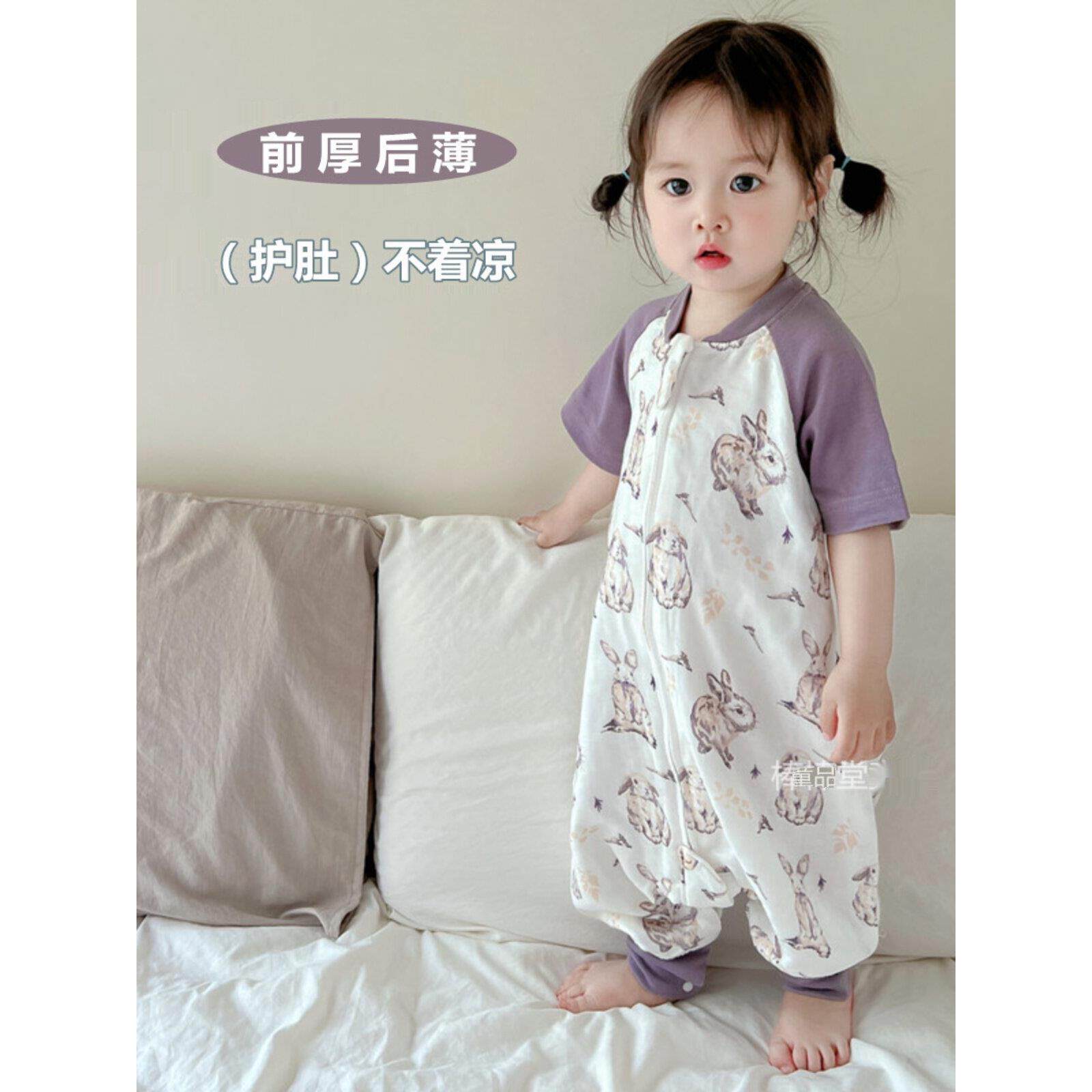 婴幼儿夏季短袖纱布分腿睡袋宝宝冷气房防踢被前厚后薄连体睡衣童