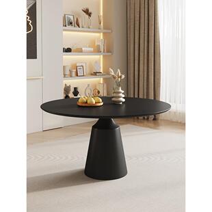 岩板圆形餐桌家用小户型极简纯黑圆桌带转盘纯白饭桌恰谈桌高端桌