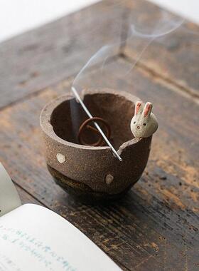 日本进口手作粗陶香钵生肖兔年线香炉盘香薰桌面摆件祝福送礼物