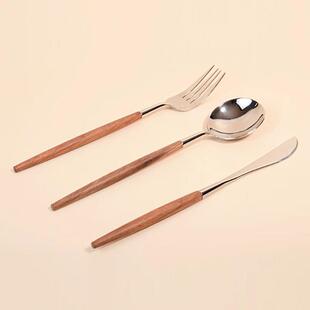 oakliving餐具覆古实木柄刀叉勺3件套不锈钢家用西餐牛排全套装