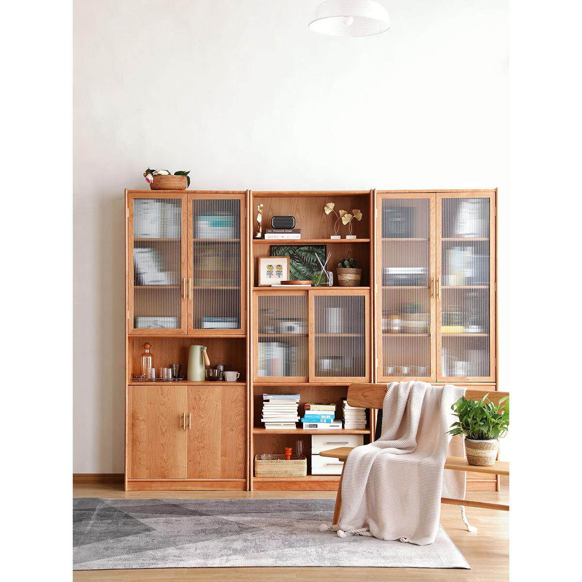 海岸简单实木自由组合书柜斯堪的纳维亚现代樱桃木书架存储架地板