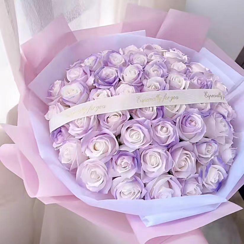 渐层紫玫瑰花束彷真花香皂花大花束送女友妈妈节日生日礼物99朵