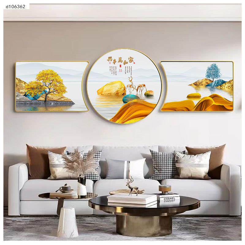直销新款新中式沙发背景墙挂画现代简约轻奢三联画异形高档大气客