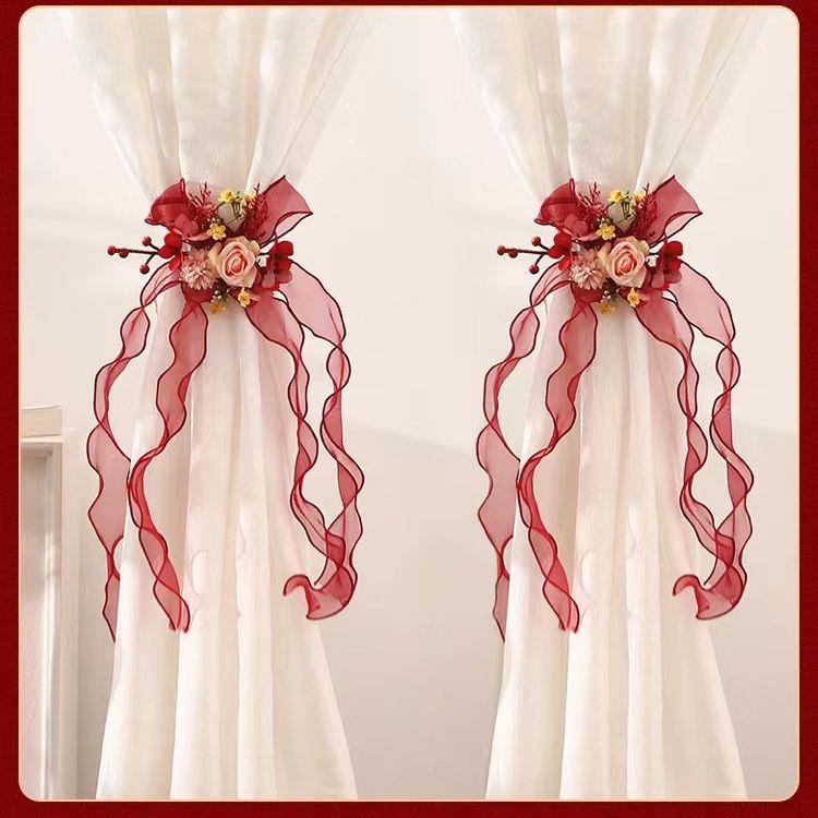 直销新款结婚用品大全喜字结婚窗帘绑带仿真花新房卧室客厅一对价