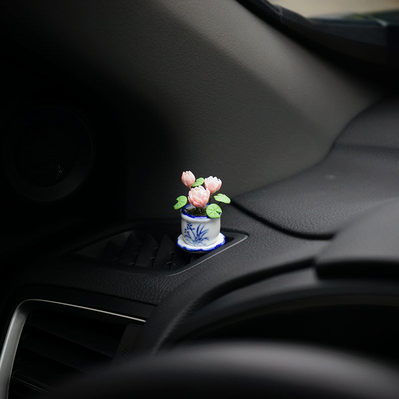 热销荷塘月色迷你汽车小摆件手工陶土花瓶荷花创意车载车内装饰品