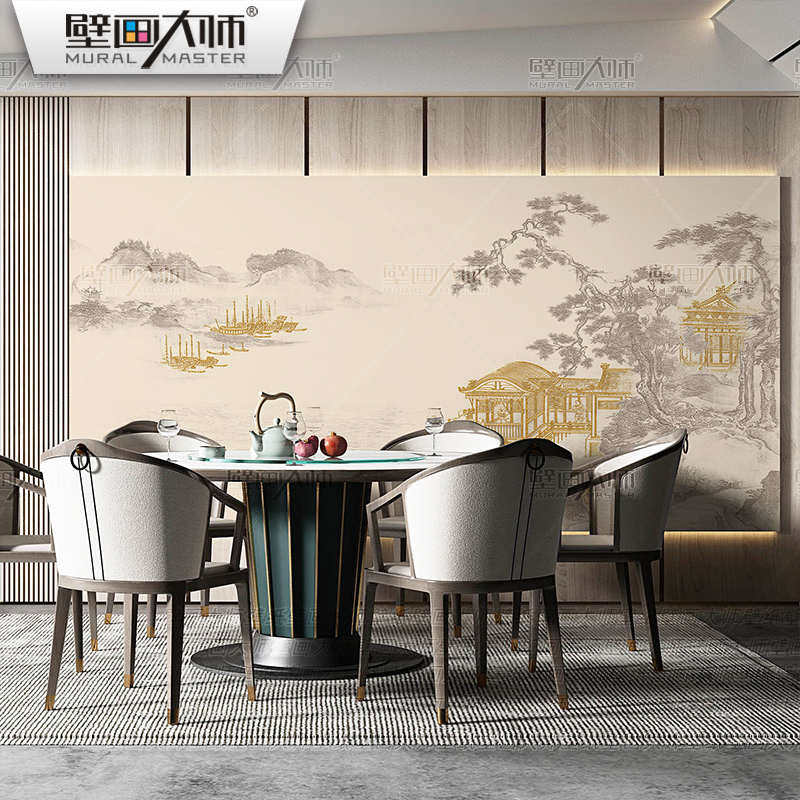 热销新中式写意山水壁纸描金墙布电视背景墙壁画客厅酒店包房沙发