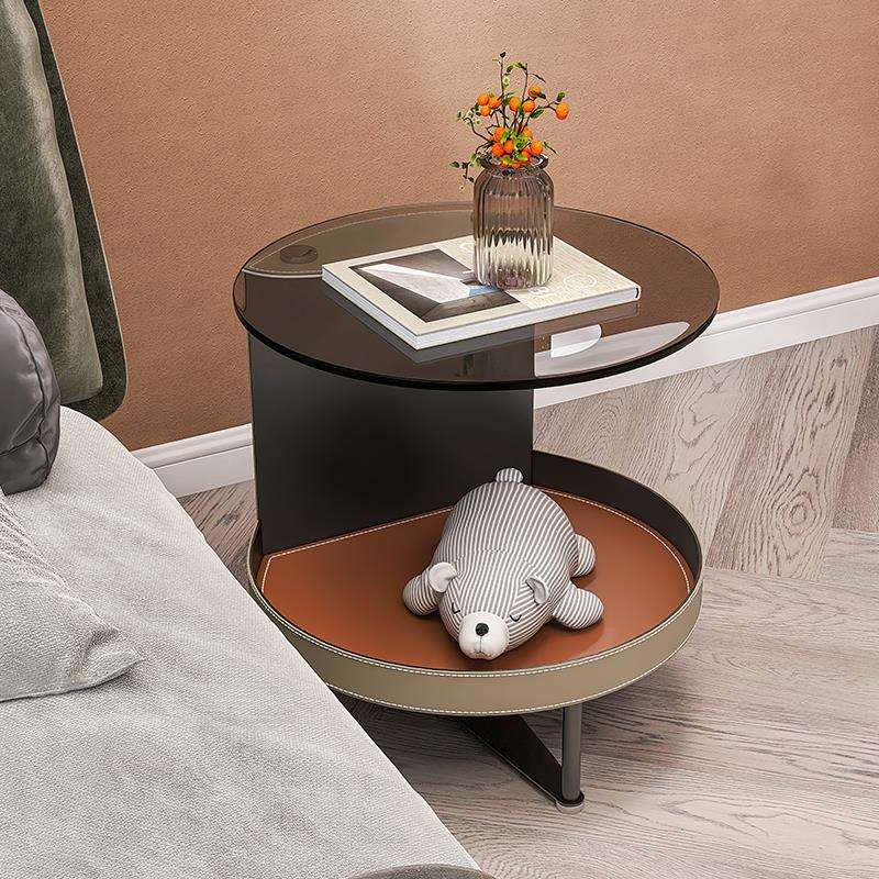 9U创意轻奢床头柜卧室床边桌替代钢化玻璃小桌子收纳马鞍皮沙发边