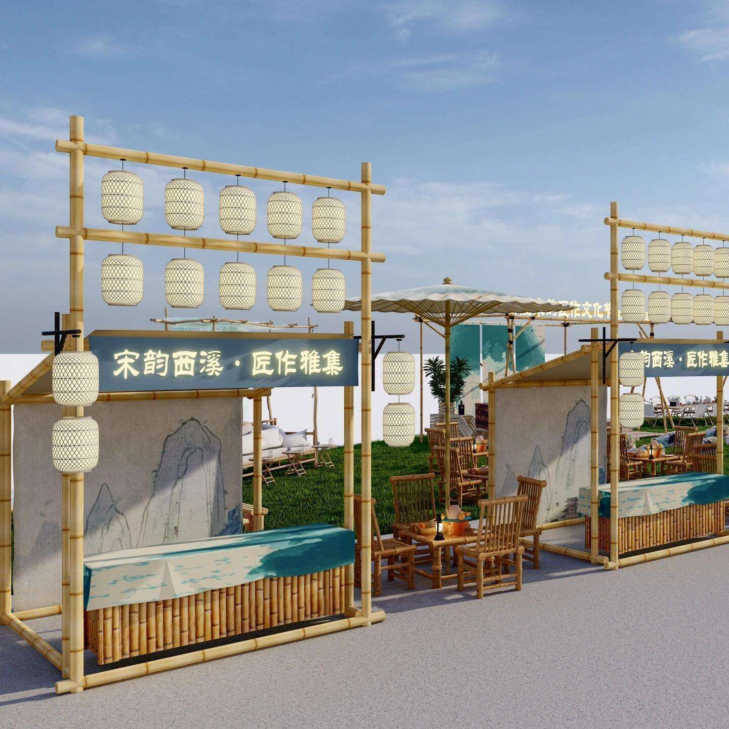 竹子古风集市活动策划展示架竹架子竹竿摊位架竹艺美陈国风布置