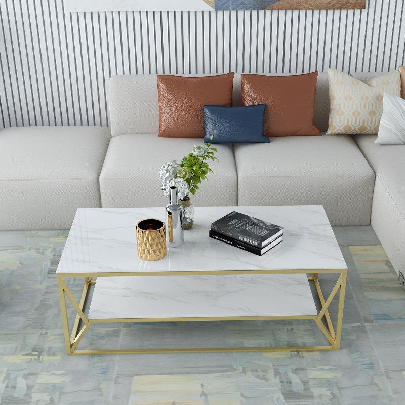 简约家用双层茶几小户型客厅金色钢化玻璃小方桌酒店接待铁艺茶几