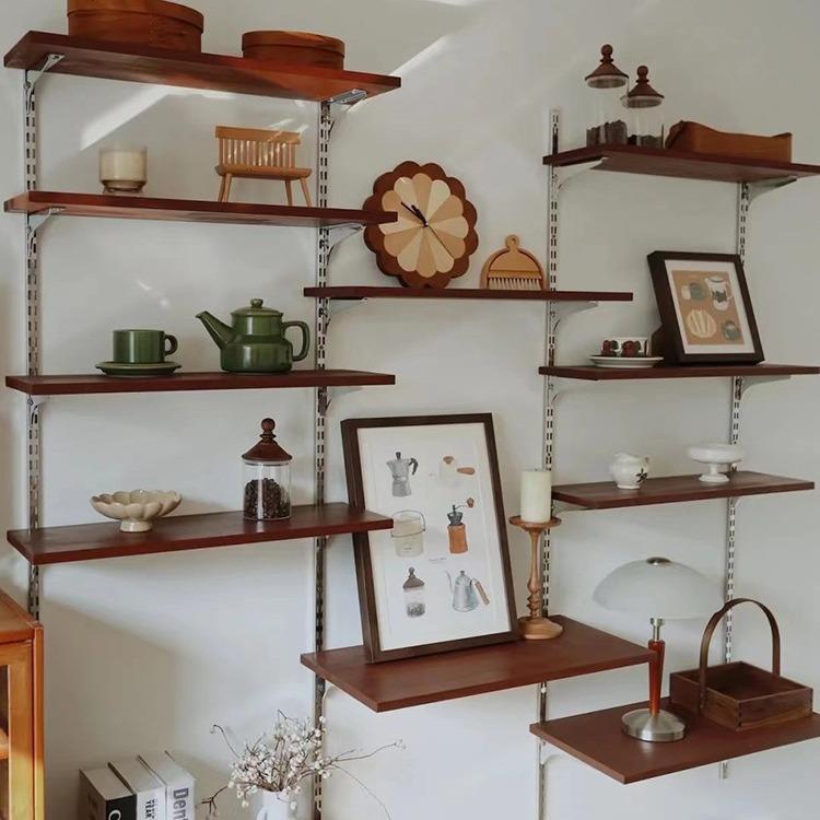 中古风606墙上一字隔板实木书架复古壁挂式轨道置物架多层收纳架
