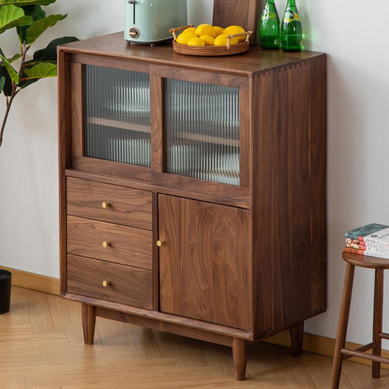 北美黑胡桃全实木边柜简约茶水酒柜一体橱网红玻璃移动餐厅储物柜