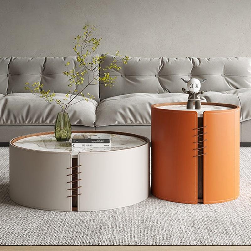 意式岩板茶几现代简约客厅轻奢小户型创意马鞍皮储物圆形茶几组合