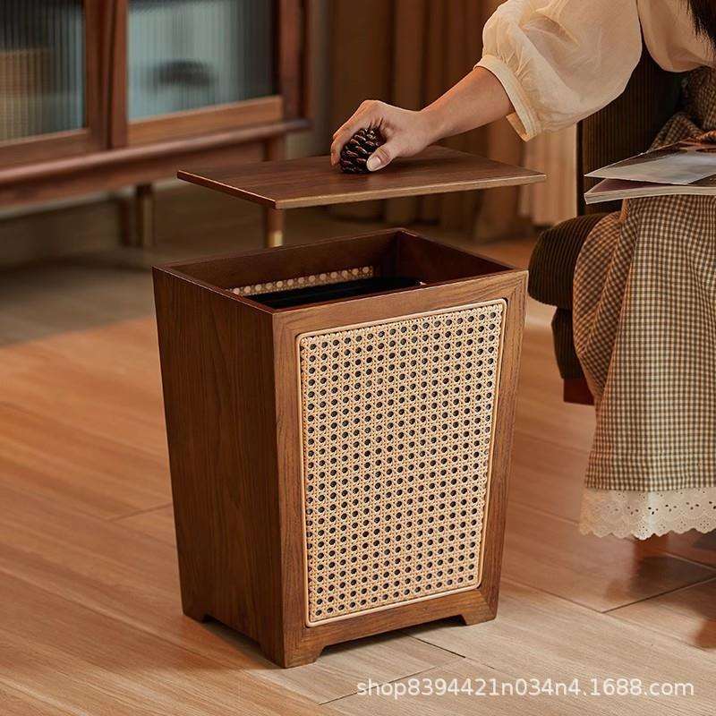 木质藤编办公室垃圾桶高颜值家用客厅中式卧室厨房大号垃圾收纳筒