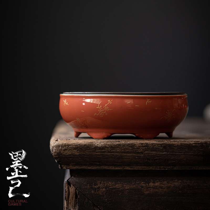 墨己 矾红仿古锡盖做旧壶承 文人干泡圆形陶瓷蓄水盘 茶道小茶盘