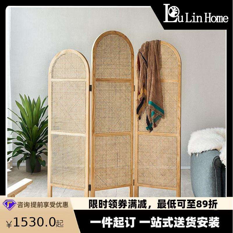 日式实木藤编屏风创意隔断墙可移动折叠折屏新中式小户型简约座屏