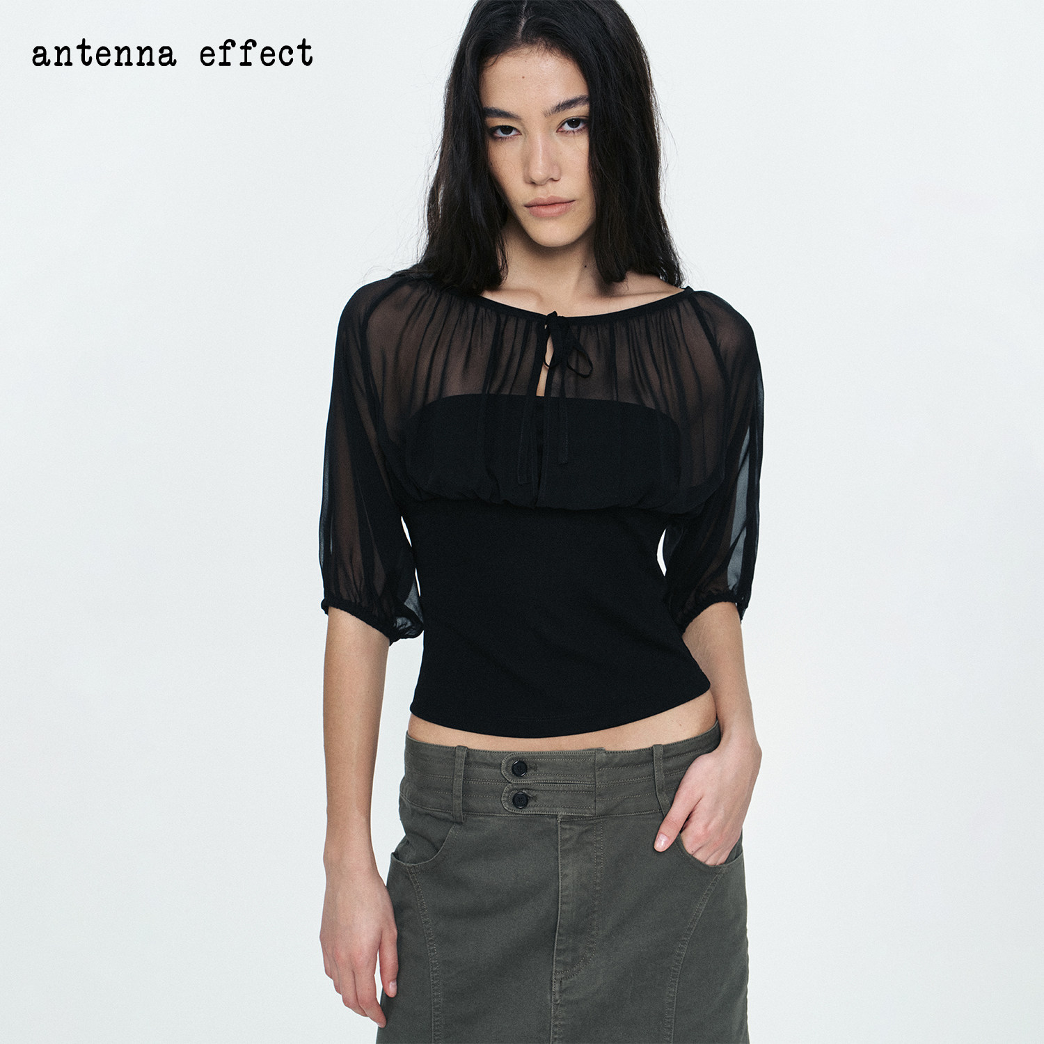 antenna effect 复古桑蚕丝微透拼接灯笼袖精致系带收腰短款上衣