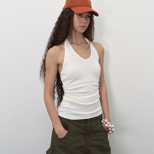 antenna effect 复古夏季V领挂脖露背修身烫铆钉褶皱背心