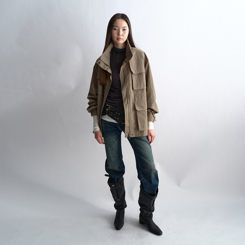 antenna effect春新款复古工装多口袋立领夹克巴恩风宽松外套