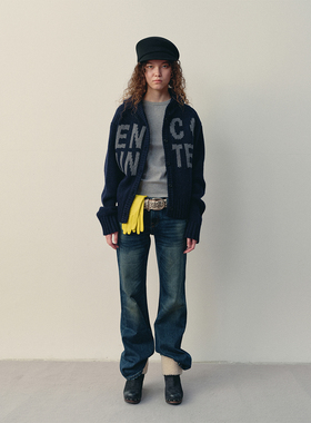 antenna effect复古巴恩风羊毛混纺针织字母毛衣连帽慵懒粗针开衫