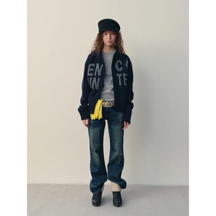 antenna effect复古巴恩风羊毛混纺针织字母毛衣连帽慵懒粗针开衫